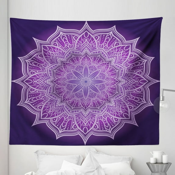 Purple Mandala Tapestry, Hand-Drawn Doodle Lace Mandala with Floral Motifs, Fabric Wall Hanging Decor for Bedroom Living Room Dorm, 5 Sizes, Dark Purple Pale Mauve, by Ambesonne