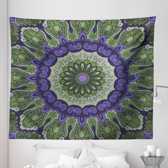 Purple Mandala Tapestry, Print with Petals and Leaves in Round Form Mandala Design, Fabric Wall Hanging Decor for Bedroom Living Room Dorm, 5 Sizes, Multicolor, by Ambesonne