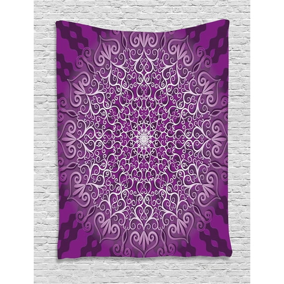 Purple Mandala Tapestry, Round Stylized Tibetan Healing Cosmos Spiritual Yoga Growth Tattoo Image, Wall Hanging for Bedroom Living Room Dorm Decor, White Purple, by Ambesonne