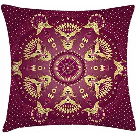 Purple Mandala Throw Pillow Cushion Cover, Iranian Middle Eastern Floral Motif, Decorative Square Accent Pillow Case, 28" X 28", Rose Yellow