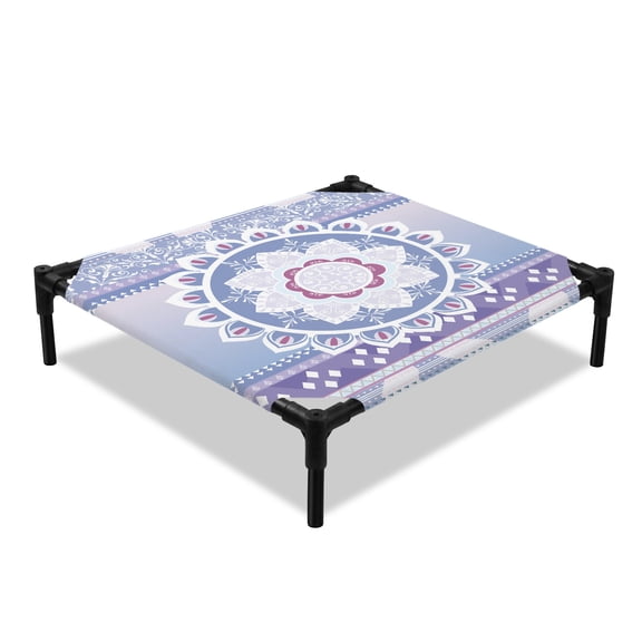 Purple Mandoro Elevated Dog Bed, Boho Floral Geometrical Texture Cooling Breathable Outdoor Raised Dog Cot Bed with Metal Frame Non-Slip Feet for Small Dog 20x20in