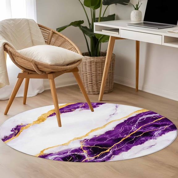 Purple Marble 3.3ft Round Rug for Bedroom Reading Corner, Abstract Retro Washable Non Slip Circle Area Rug