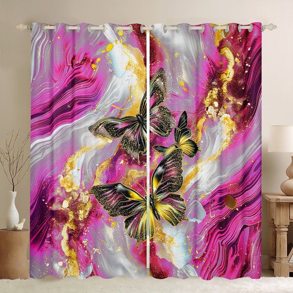 Purple Marble 30%-50% Blackout Curtains Red Butterfly Curtains & Drapes 2 Panels 38"Wx45"L,Gold Marbling Curtains Abstract Ombre Ink Fluid Art Window Curtains