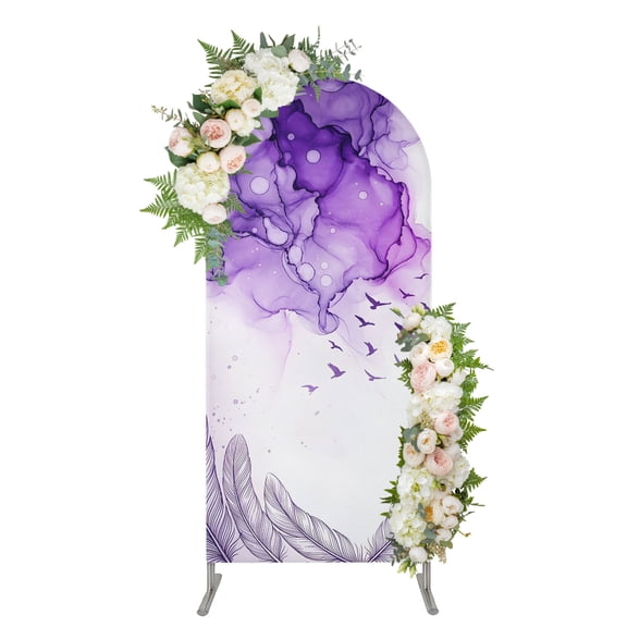 Purple Marble Arch Backdrop Cover 5FT, Birds Feather Modern Art Spandex Fitted Stretchy Arch Stand Covers, Round Top Chiara Backdrop Cover for Wedding Party Birthday Baby Shower