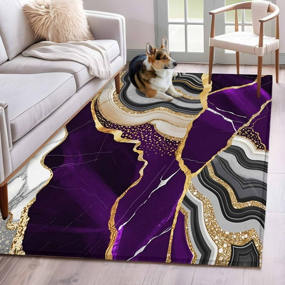Purple Marble Area Rug 4x6 Washable Rug Non Slip Grey Gold Texture Vintage Farmhouse Art Large Area Rug Indoor Floor Carpet for Entryway Bedroom Kitchen Living Room Home Office Dining Room Nursery