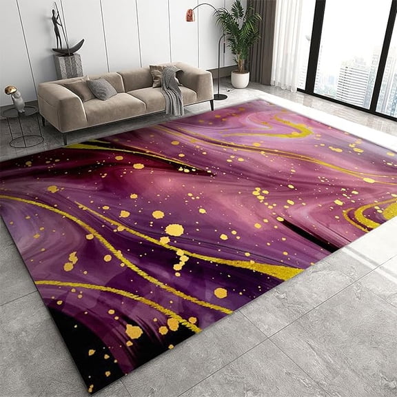 Purple Marble Area Rug, Luxurious Gold Spots Indoor Non Slip Throw Accent Rug, Machine Washable Carpet for Woman Bedside Living Room Bedroom Kitchen Dining Room Floor Mat 2 x 3ft
