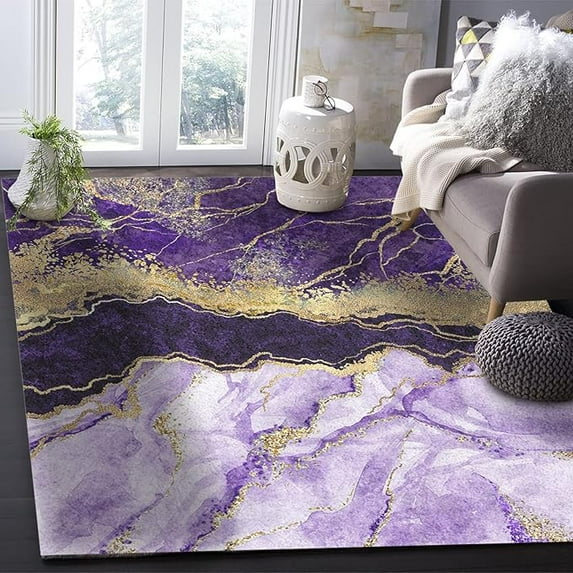 Purple Marble Area Rug, Yellow Lines Ink Painting Living Room Rugs, Non Slip Machine Washable Easy Care Carpet for Indoor Bedroom Study Apartment Home Decor 5 x 6ft