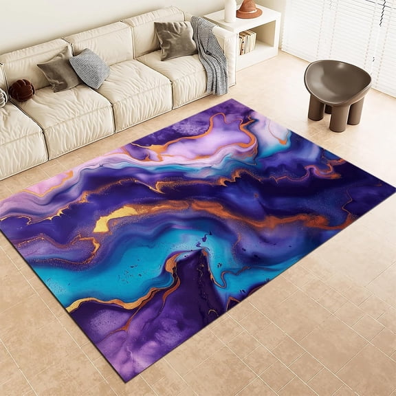 Purple Marble Area Rugs, Purple Marble Swirl Texture Carpet, Washable Non Slip Low Pile Soft Rug for Living Room Bedroom Decor Mat 2x3ft