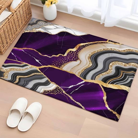 Purple Marble Bathroom Rug Washable 2x3 Entryway Rug Non Slip Grey Gold Texture Vintage Farmhouse Art Front Door Mat Low Pile Indoor Doormat Throw Floor Carpet for Kitchen Bedroom Entrance