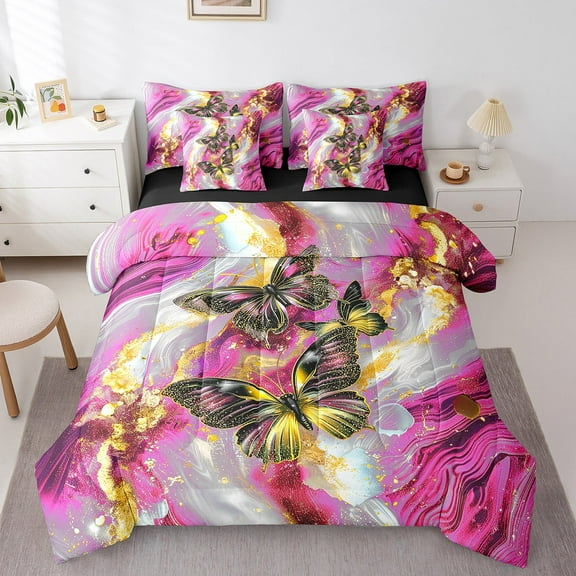 Purple Marble Bed in a Bag Queen Comforter Set 7 Piece Red Butterfly Bedding Sets,Gold Marbling Sheet Set Abstract Ombre Ink Fluid Art Bed Set,Rustic Animal Butterflies Room Decor Aesthetic