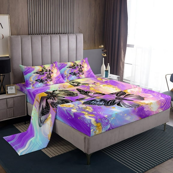Purple Marble Bed Sheets Set Black Butterfly Sheets,Gradient Marbling Sheet Set Queen,Abstract Ombre Ink Fluid Art Top Sheet Rustic Animal Dreamy Butterflies Room Decor Aesthetic