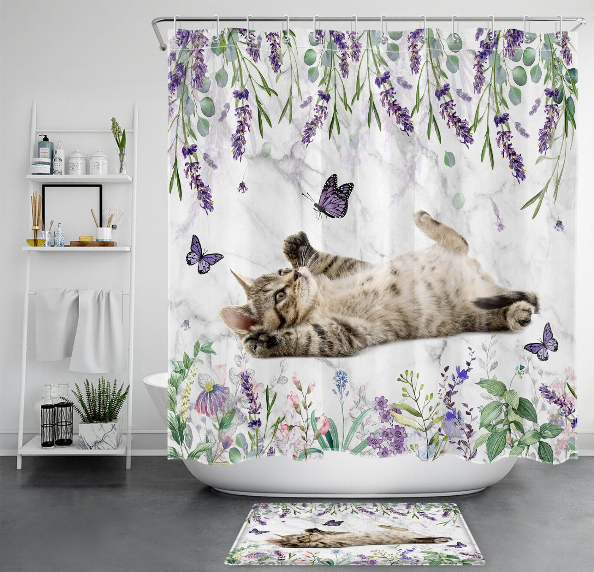 Purple Marble Cat Bathroom Set: Lavender Shower Curtain & Accessories ...
