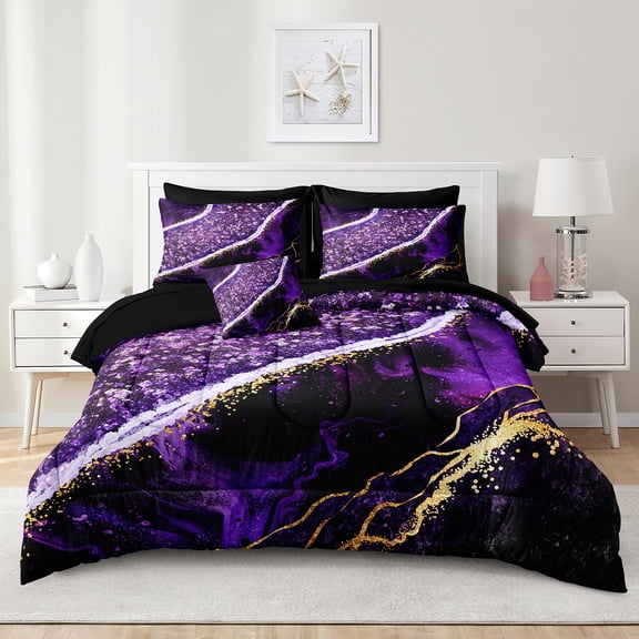 Purple Marble Comforter Set Queen Size 8 Pcs Bed in a Bag Aesthetic Comforter Set Purple Black Gold Metallic Marble Bedding Set for All Seasons