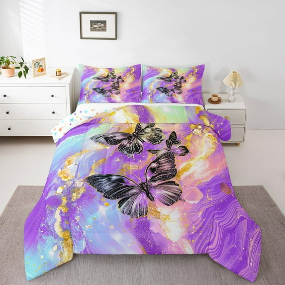 Purple Marble Comforter Sets Butterfly Bed Set,Gradient Marbling Twin Bedding Set,Abstract Ombre Ink Fluid Art Duvet Insert Rustic Animal Dreamy Butterflies Room Decor Aesthetic