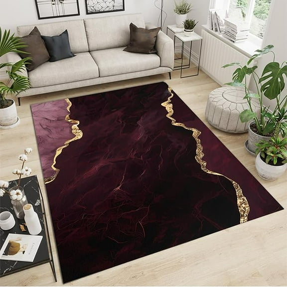 Purple Marble Crack Area Rug, Luxurious Geometric Gold Foil Texture Washable Rugs, With Non-Slip Rubber Backing Floor Carpet For Living Room Bedroom Dining Room 4' x 5'