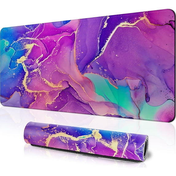 Purple Marble Desk Mat Large Mouse Pad, Big Mouse Pad Gaming Mouse Mat Desk Pad with Stitched Edges, Keyboard Mouse Pads for Desk, Long Extended XL Mousepad with Non-Slip Base, 31.5 x 11.8 in, Purple