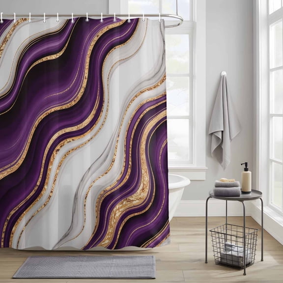 Purple Marble Gold Inlay Shower Curtain Set, Waterproof Shower Curtains With Grommet Hooks, Abstract Geometric Stripes Privacy Bathroom Curtain for Bathtub 36x72IN