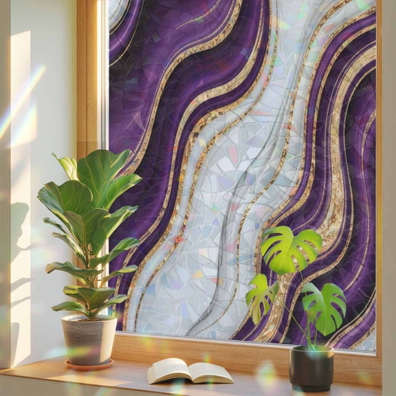 Purple Marble Gold Inlay Window Privacy Film, Rainbow Film Decorative Window Sticker 17.7x39.3in, Abstract Geometric Stripes Sun Blocking Static Stained Glass Cling Tint Non-Adhesive