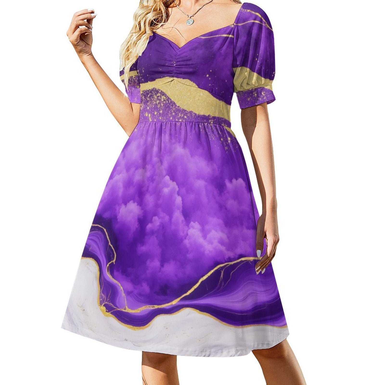 Purple Marble Gold Vein Art Summer Women's Dress 2025 Elegant Dresses ...