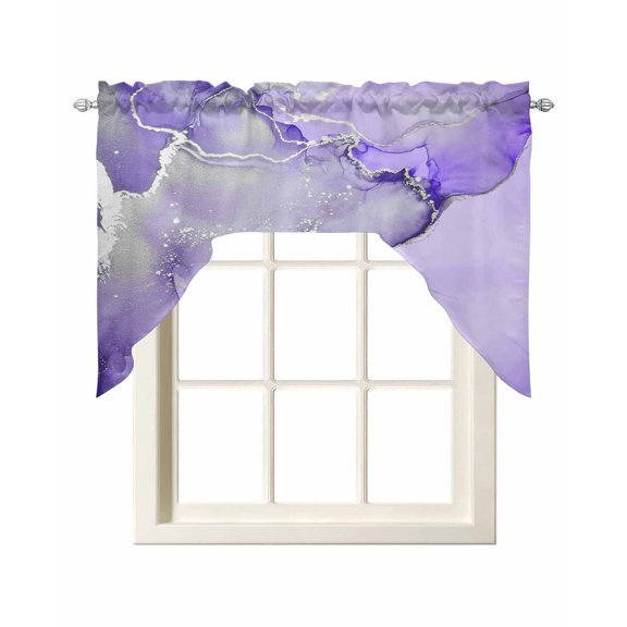 Purple Marble Kitchen Curtains Swag Valance for Windows/Bathroom/Cafe, Modern Abstract Waves Silvery Farmhouse Rod Pocket Drape Panel Swag Curtain Valance for Bedroom/Living Room 55''x36''