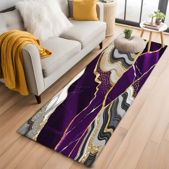 Purple Marble Kitchen Runner Rug 2x6 Washable Runners for Hallway Non Slip Grey Gold Texture Vintage Farmhouse Art Large Area Rug Indoor Floor Carpet for Bathroom Laundry Entryway Bedroom Living Room