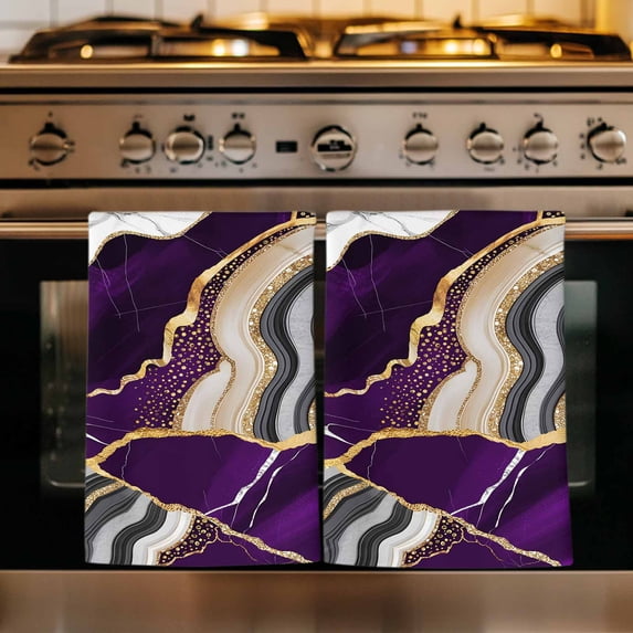 Purple Marble Kitchen Towels Set of 1, Grey Gold Texture Vintage Farmhouse Art Absorbent Dish Towels for Kitchen, Microfiber Hand Towel, Quick Drying Tea Towel for Cleaning Decorative Dishcloths
