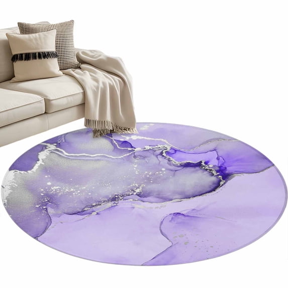 Purple Marble Large Area Rugs for Bedroom Living Room, Soft Non Slip Carpet Bedside Rug, Modern Abstract Waves Silvery Farmhouse Round Floor Cover Kitchen Accent Rug 3' for Dining Room/Office