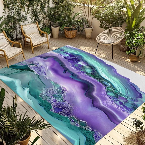 Purple Marble Outdoor Rug, Abstract Art Watercolor Crystal Watermark Non-Slip Area Rugs Carpet Breathable Large Floor Mat for Outdoors Patio Porch Deck Beach 3’ x 5’