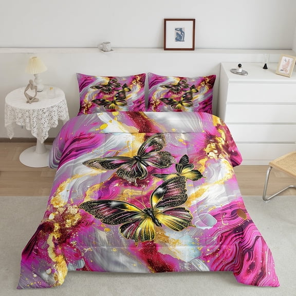 Purple Marble Queen Comforter Set Red Butterfly Bedding Set,Gold Marbling Down Comforter Abstract Ombre Ink Fluid Art Duvet Set Aesthetic
