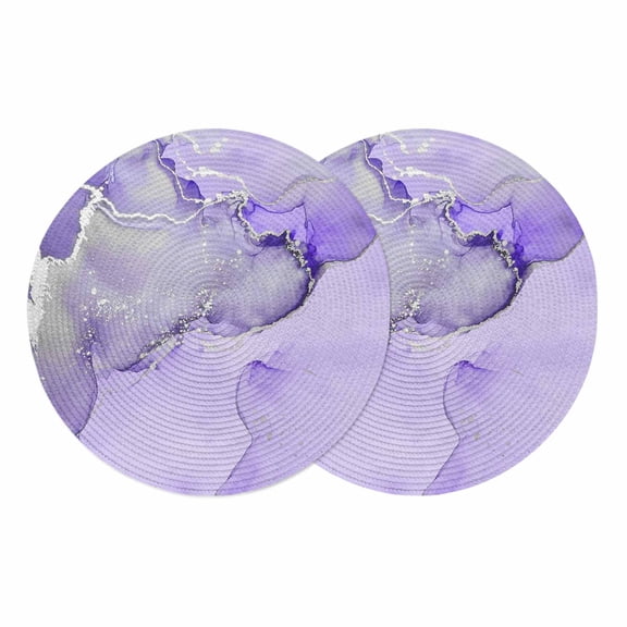 Purple Marble Round 13 Inch Placemats Set of 2, Modern Abstract Waves Silvery Farmhouse HeatResistant Non Slip Place Mats for Dining Table, Wipeable Braided Kitchen Table Mats for Housewarming