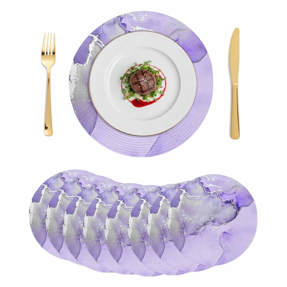 Purple Marble Round 15 Inch Placemats Set of 8, Modern Abstract Waves Silvery Farmhouse HeatResistant Non Slip Place Mats for Dining Table, Wipeable Braided Kitchen Table Mats for Housewarming
