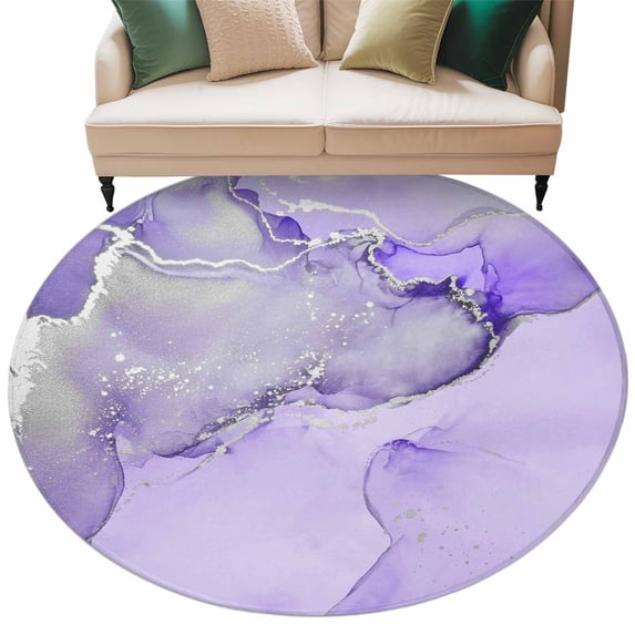 Purple Marble Round Area Rug 5ft Washable Large Round Rug for Living Room, Soft Non-Slip Circle Rugs for Dining Room, Modern Abstract Waves Silvery Farmhouse Floor Carpet for Bedroom Entryway Office