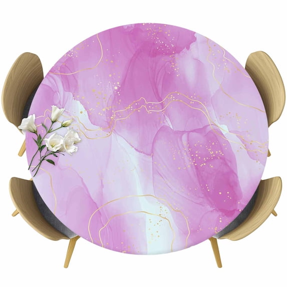 Purple Marble Round Fitted Table Cover Golden Lines Modern Abstract Purple Ombre Waterproof Table Cloth with Elastic Edge Wipeable Tablecloth for Picnic Camping Party Fits 36"-44" Diameter