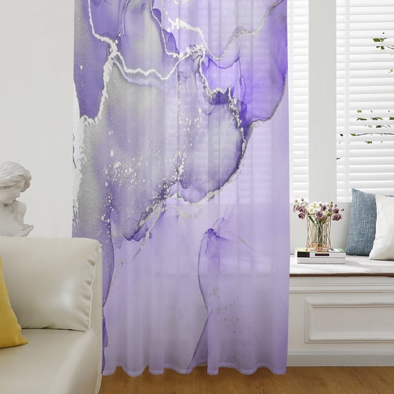 Purple Marble Sheer Curtains 63 Inch Length, Light Filtering Voile Curtain Panel, Modern Abstract Waves Silvery Farmhouse Rod Pocket Drapes Window Treatments for Living Room Bedroom 52"x63"