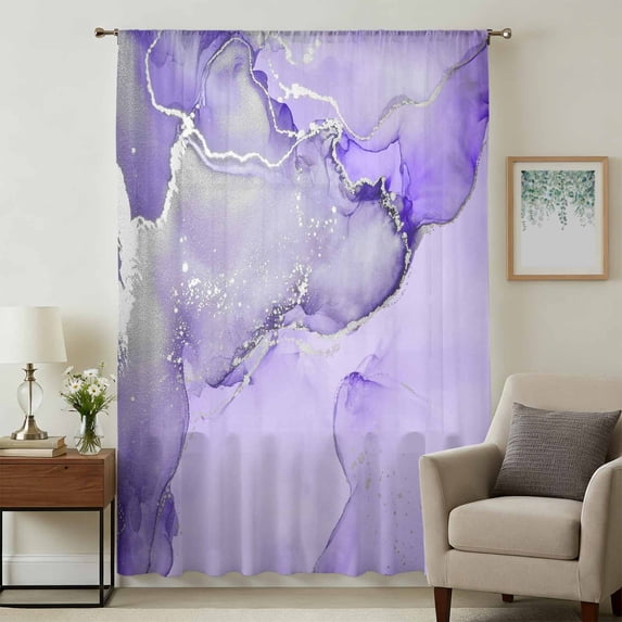 Purple Marble Sheer Curtains 84 Inches Long, Modern Abstract Waves Silvery Farmhouse Light Filering Curtains, Breathable Simi Curtain Privacy Drapes for Living Room Bedroom Window Treatment