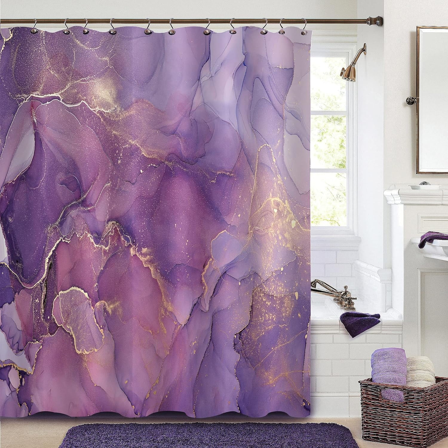 Pink Blue Marble Shower Curtain - Waterproof Fabric, 72x72 Inches, Abstract Ink Art Design With Hooks - View #9