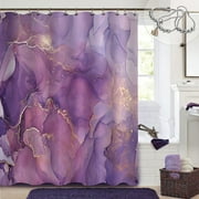 Purple Marble Shower Curtain, Abstract Lavender Gold Fabric Shower Curtains for Bathroom, Modern Elegant Ombre Watercolor Ink Art Decor Bathroom Curtains Shower Set with Hooks, 72 x 72