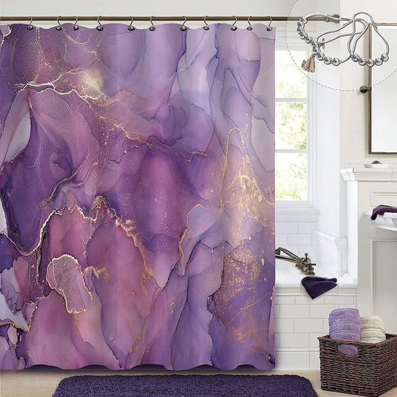 Purple Marble Shower Curtain, Abstract Lavender Gold Fabric Shower Curtains for Bathroom, Modern Elegant Ombre Watercolor Ink Art Decor Bathroom Curtains Shower Set with Hooks, 72 x 72