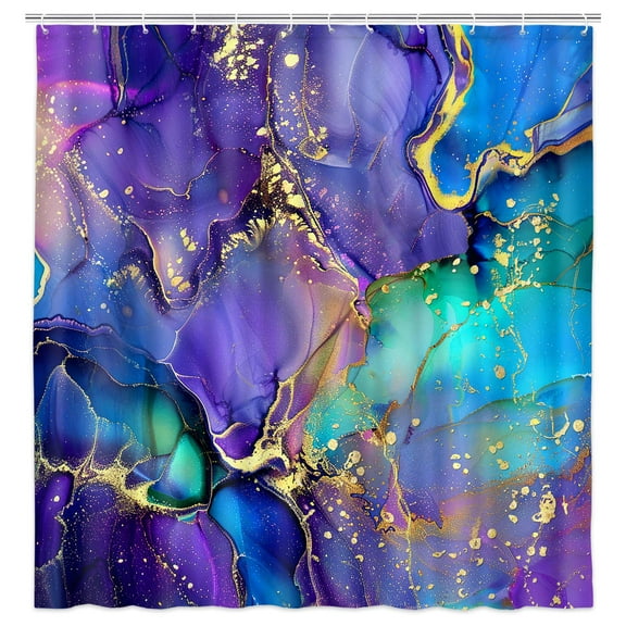 Purple Marble Shower Curtain, Blue Abstract Bathroom Curtain,Colorful Ombre Shower Curtains Set with 12 Hooks, Blue and Gold Bathroom Decor