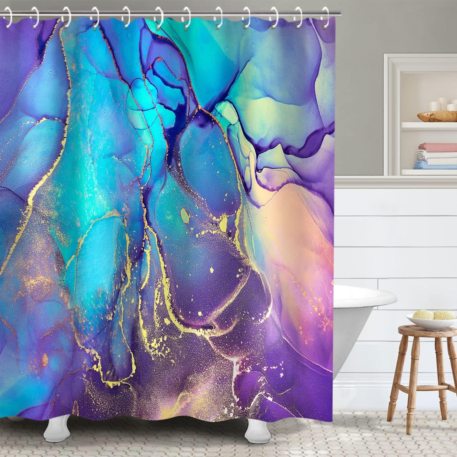 Purple Marble Shower Curtain, Blue Abstract Bathroom Curtain, Colorful ...