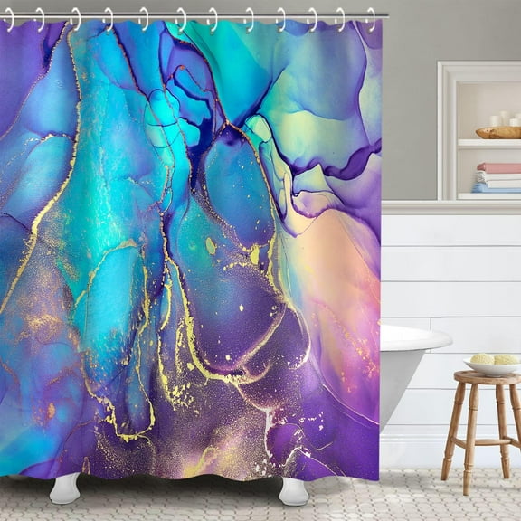 Purple Marble Shower Curtain, Blue Abstract Bathroom Curtain, Colorful Ombre Shower Curtains Set with 12 Hooks, Pink and Gold Bathroom Decor, 72"x72"