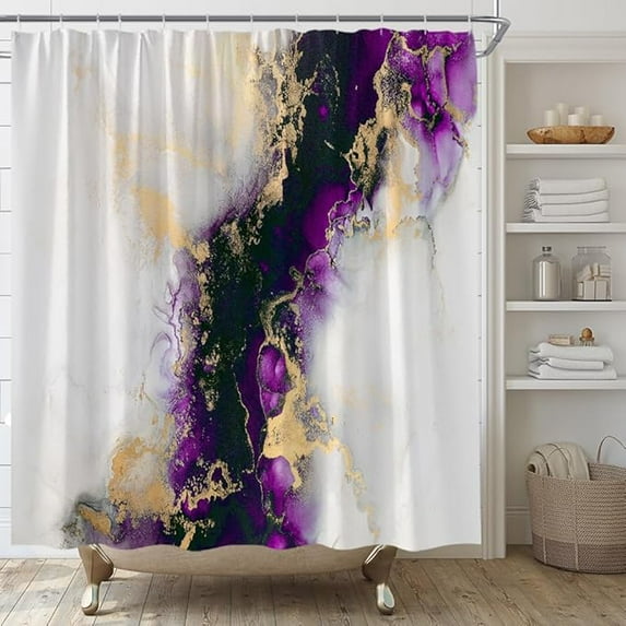 Purple Marble Shower Curtain Modern Abstract Texture Gold Luxury Marbling Fabric Bathroom Decor Curtains Set Include Hooks 60"W x 72"L (Pack of 1)