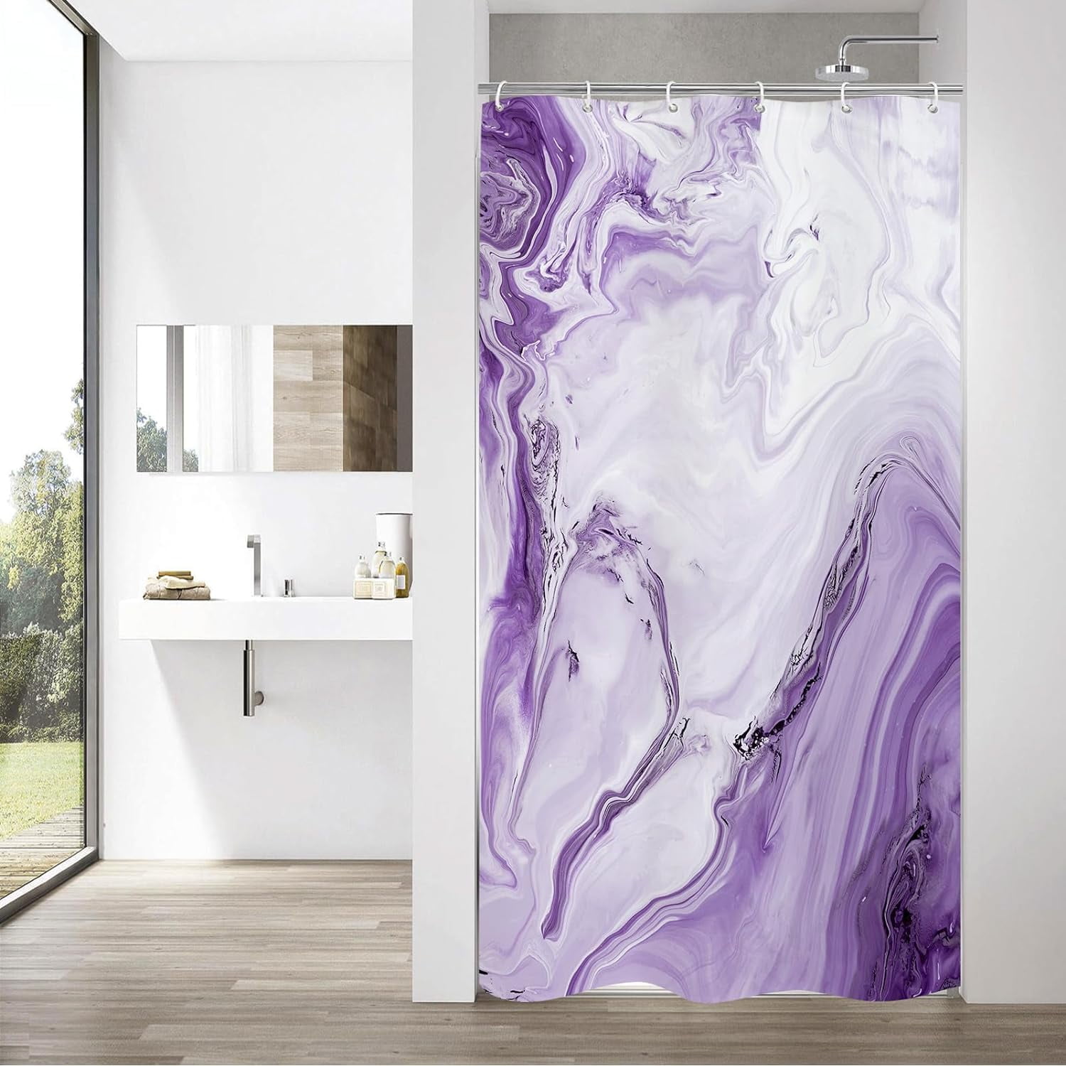 Purple Marble Small Stall Shower Curtain 36 x 72, Abstract Ombre Half