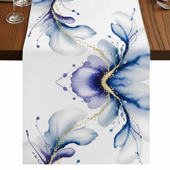 Purple Marble Stone Burlap Cotton Table Runner 13x36 Inches Short, White Ink Splash Farm Marble Abstract Farmhouse Table Runners, Outdoor Dining Tablecloths Decor for Baby Shower/Party/Wedding