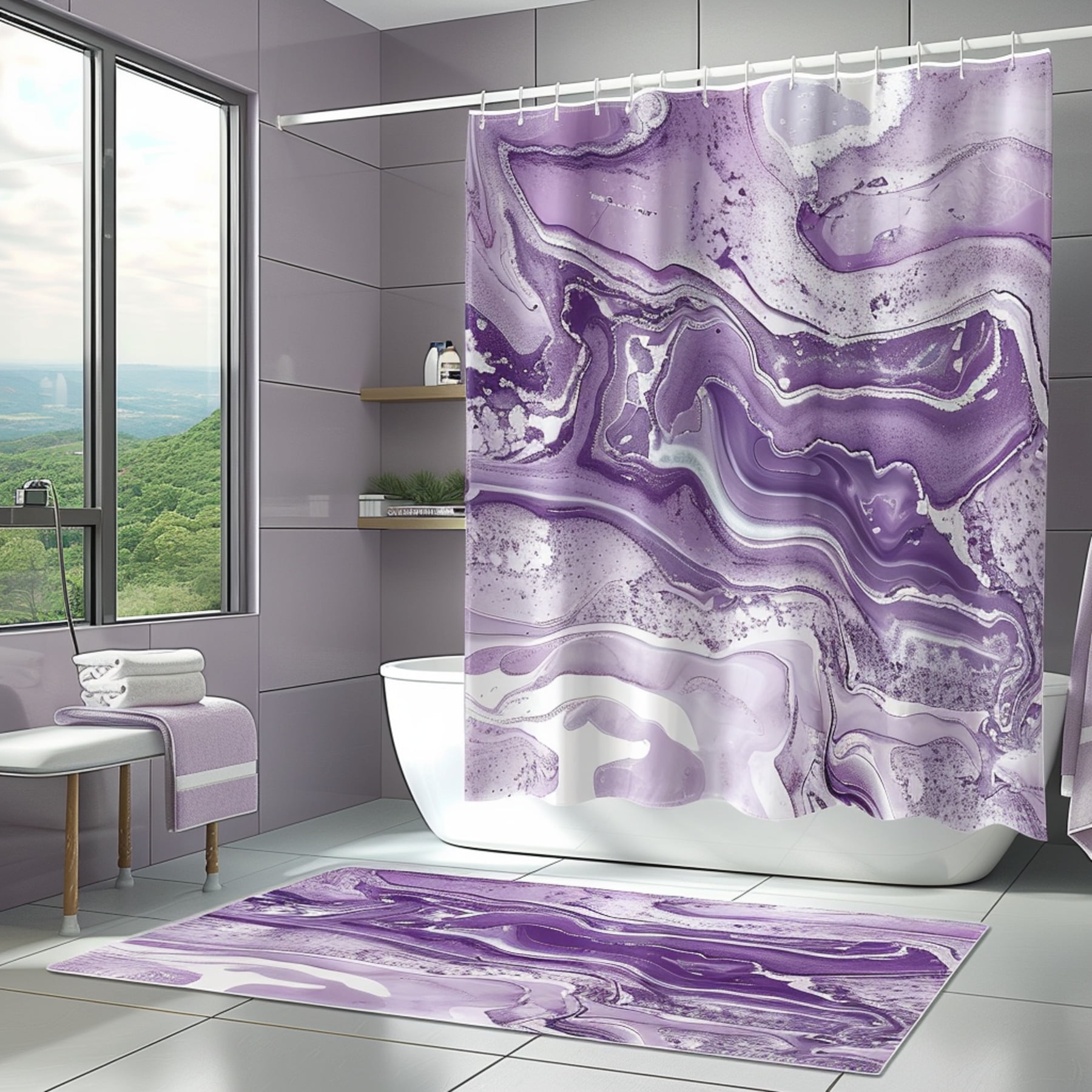 Purple Marble Stone Effect Bathroom Curtain & Set HighRes Ultra ...