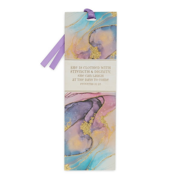 Purple Marble Swirl Women's Bookmark: Strength & Dignity Proverbs 31:25 w/Ribbon