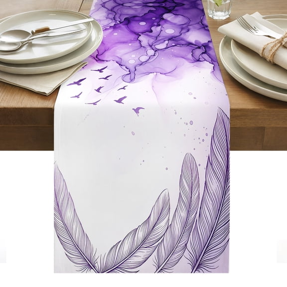Purple Marble Table Runner Birds Feather Modern Art Tablerunners 13 x 70 Inch, Table Decorations Tabletop Scarf for Summer Gathering Holiday Farmhouse Kitchen Dining Decor
