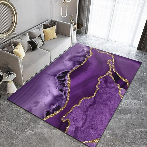Purple Marble Texture Area Rug, Luxurious Geometric Gold Stripes Living Room Rugs, With Anti-Slip Easy Clean Carpet For Living Room Bedroom Kitchen Dining Room Home Office 5 x 8ft