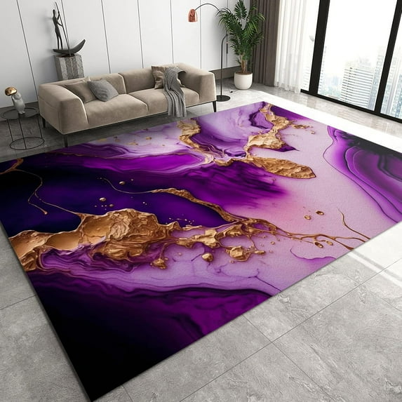 Purple Marble Texture Area Rugs, Gilded Lines Fluid Art Luxury Abstract Apartment Carpet, Area Rug Fast Drying Machine Washable Apply to Door Mats Porch Hotels Entrance Door 3x4ft