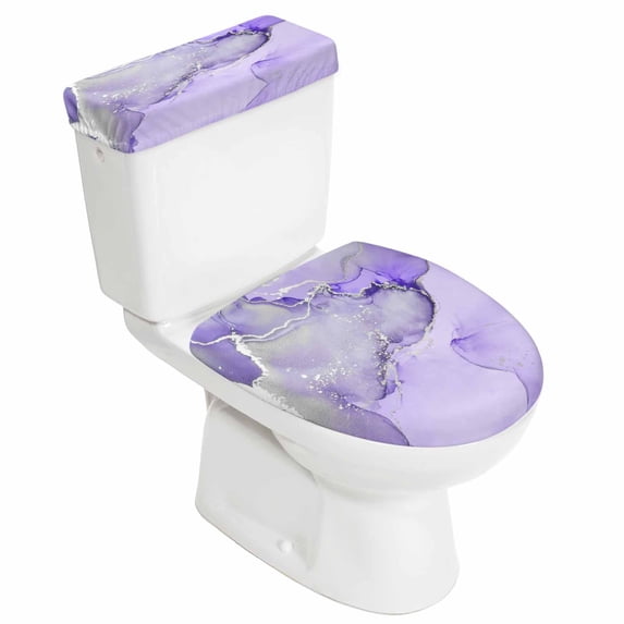 Purple Marble Toilet Lid Cover and Tank Cover Set, Purple Marble 2pc Stretch Toilet Lid Seat Covers for Bathroom Washable Protector with Elastic Edge for Standard & Elongated Toilets